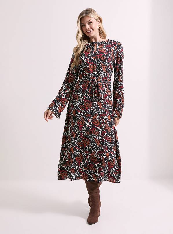 DOROTHY PERKINS Animal Keyhole Belted Long Sleeve Midi Dress 14